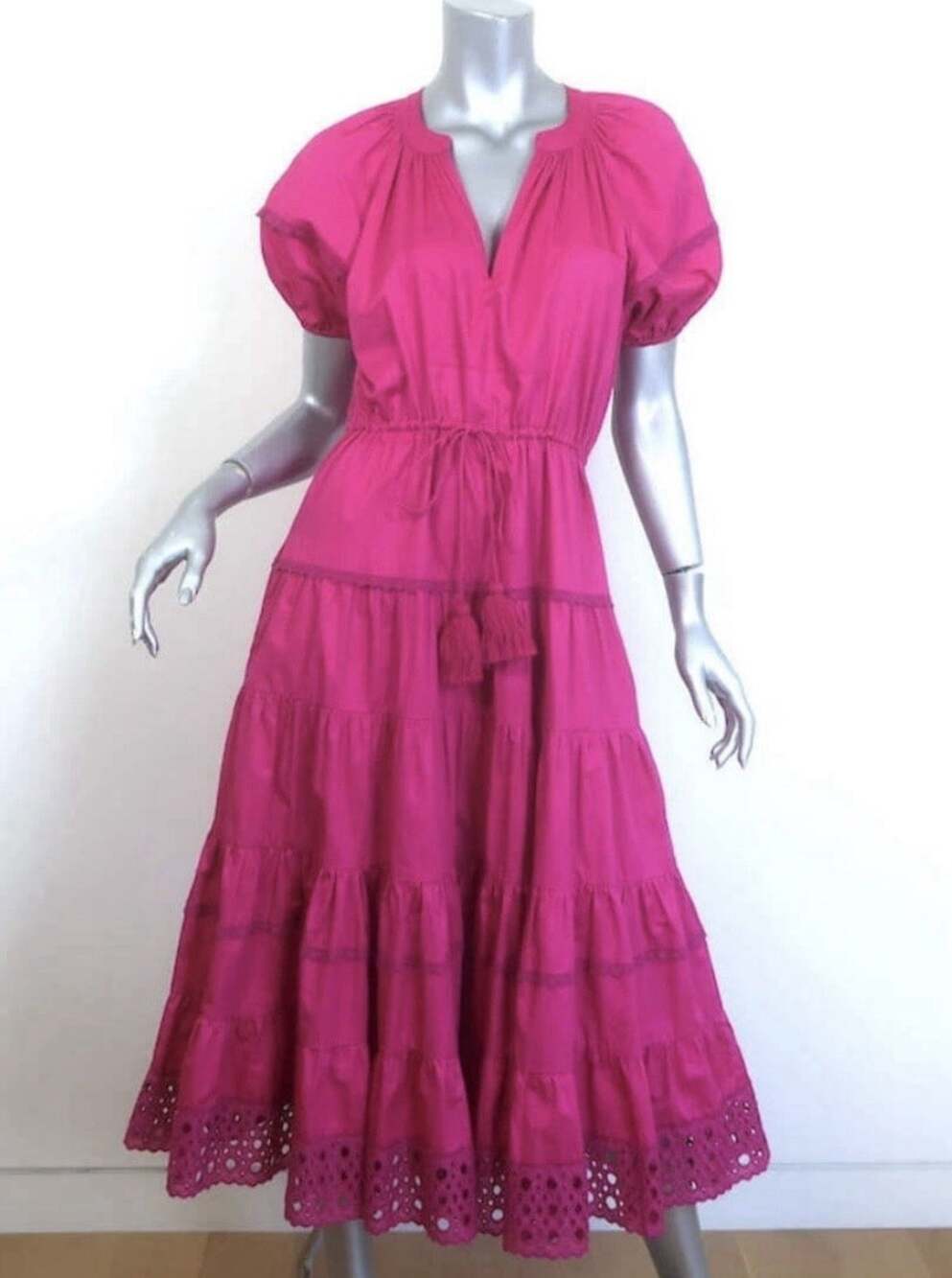 Alexis Raissa Eyelet-Embroidered Tiered Midi Dress Pink Cotton Size Extra Small